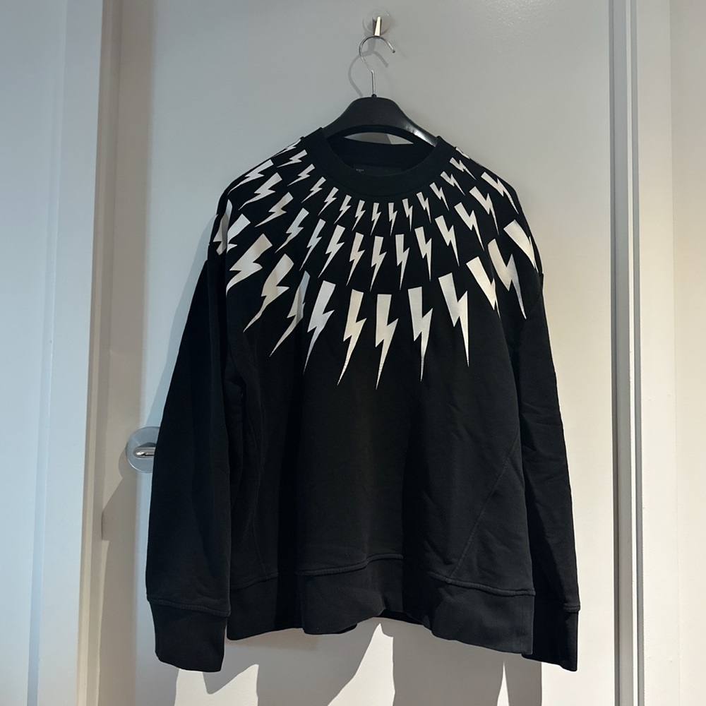 Neil Barrett Black Crewneck with White Lightning Design